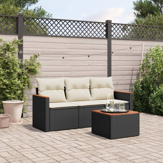 4-delige Loungeset met kussens poly rattan zwart