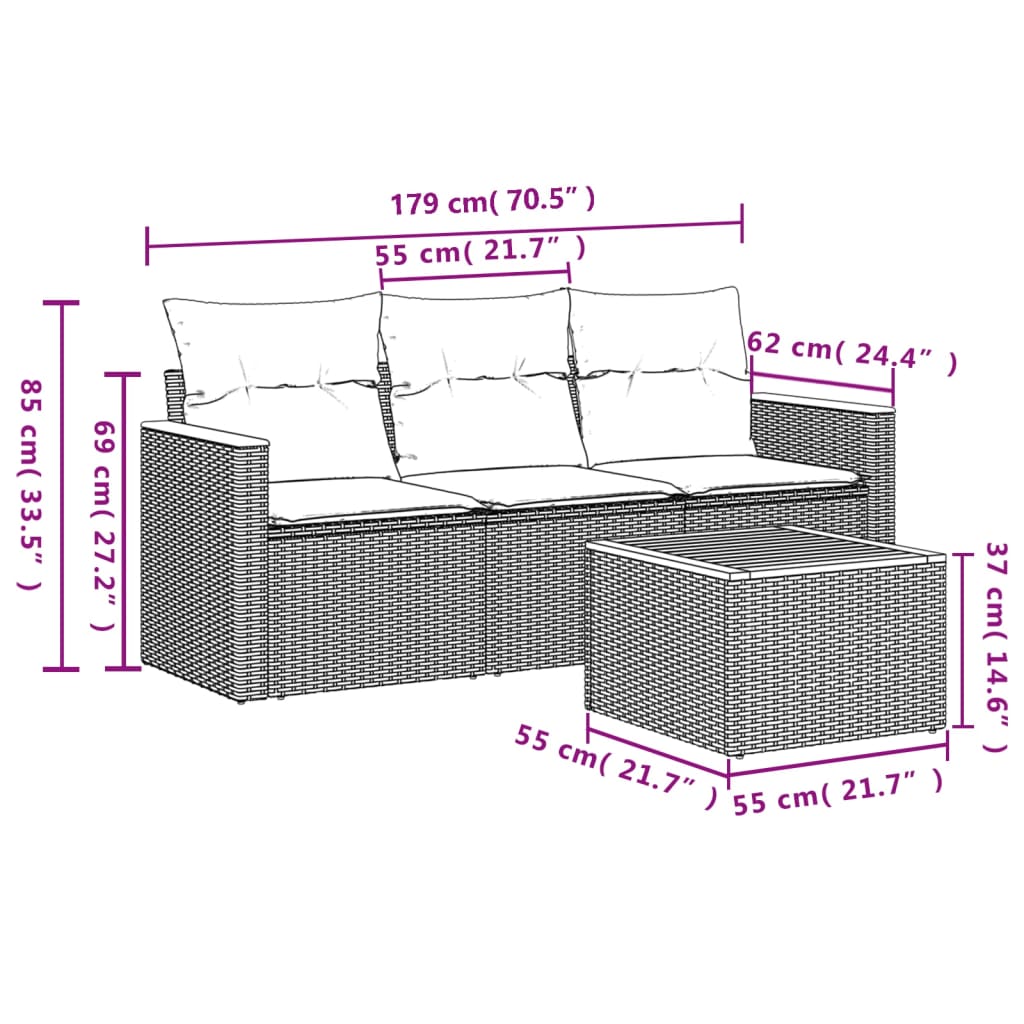 4-delige Loungeset met kussens poly rattan beige