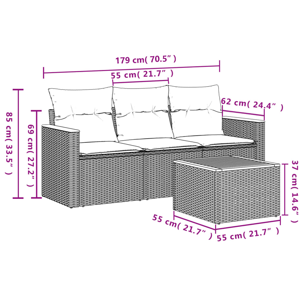 4-delige Loungeset met kussens poly rattan grijs