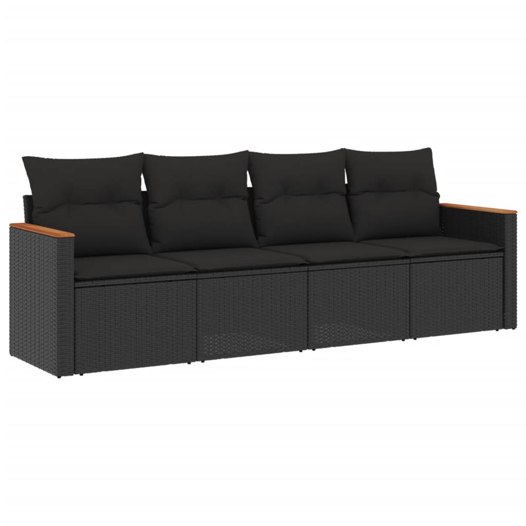 4-delige Loungeset met kussens poly rattan zwart