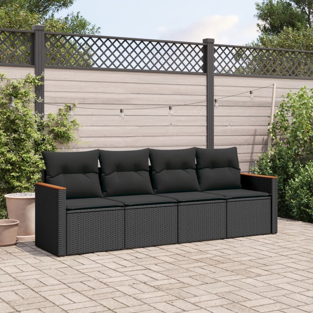 4-delige Loungeset met kussens poly rattan zwart