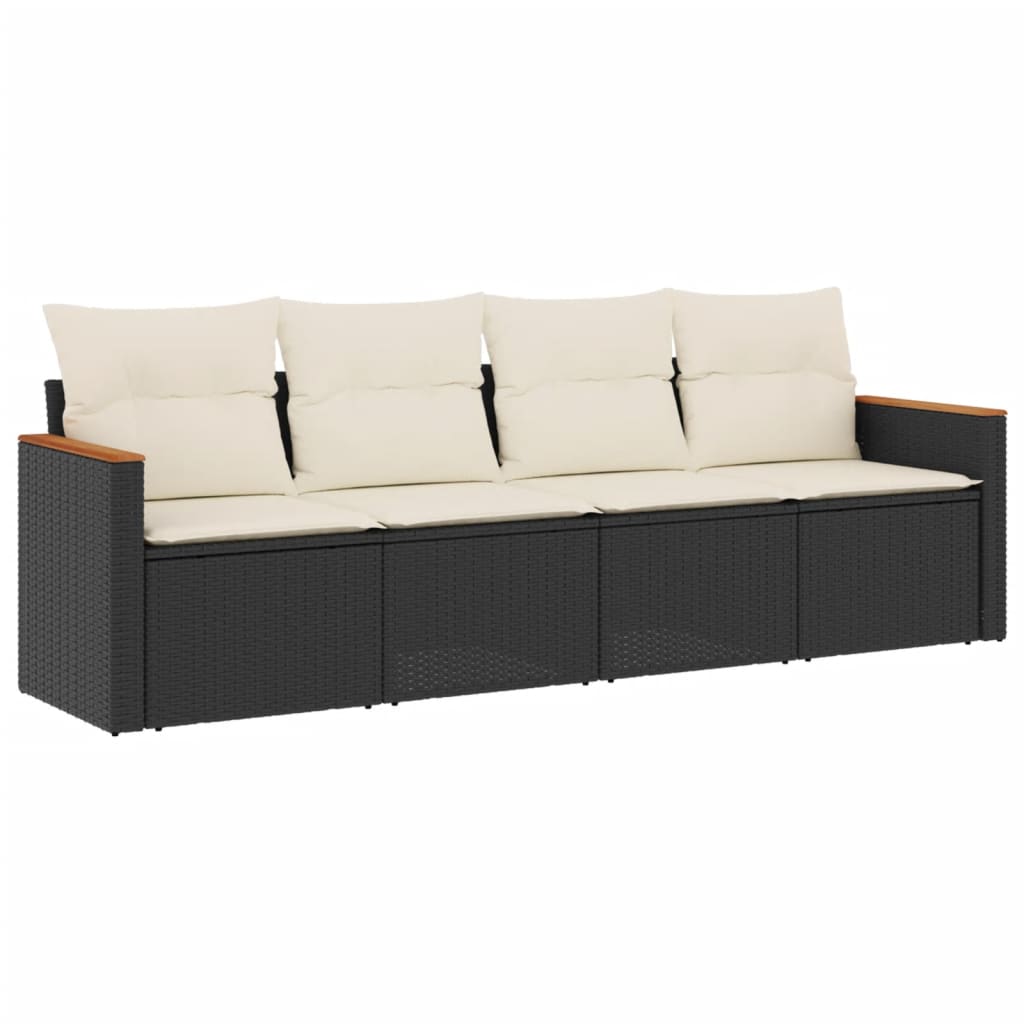 4-delige Loungeset met kussens poly rattan zwart