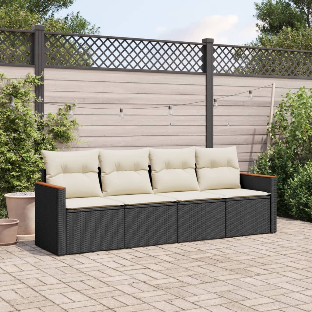 4-delige Loungeset met kussens poly rattan zwart