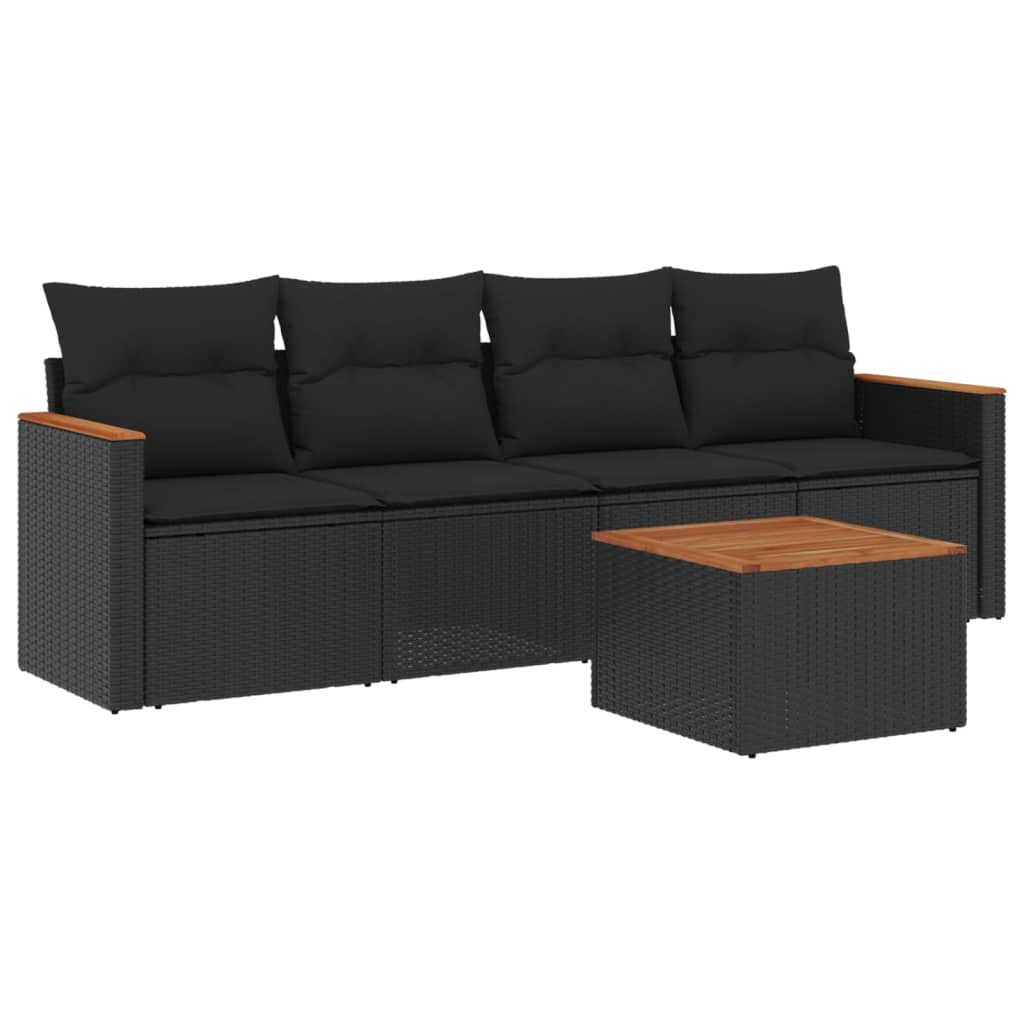 5-delige Loungeset met kussens poly rattan zwart