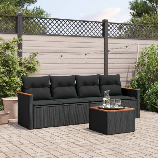 5-delige Loungeset met kussens poly rattan zwart