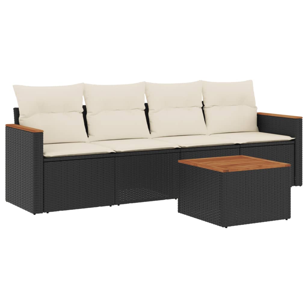 5-delige Loungeset met kussens poly rattan zwart