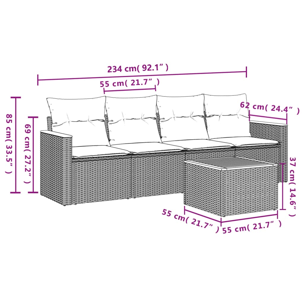 5-delige Loungeset met kussens poly rattan zwart