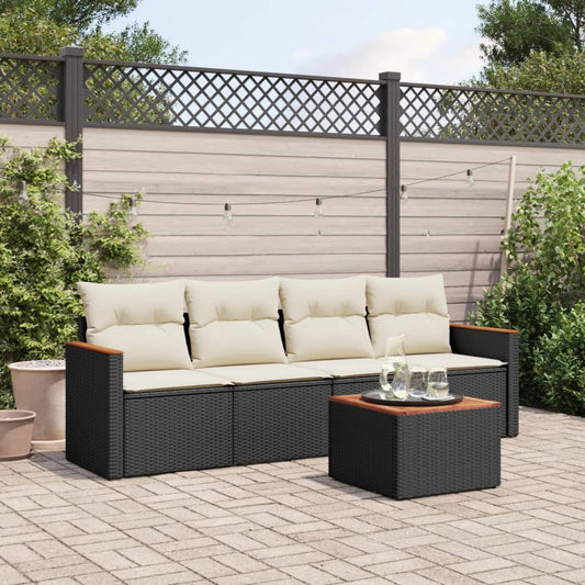 5-delige Loungeset met kussens poly rattan zwart