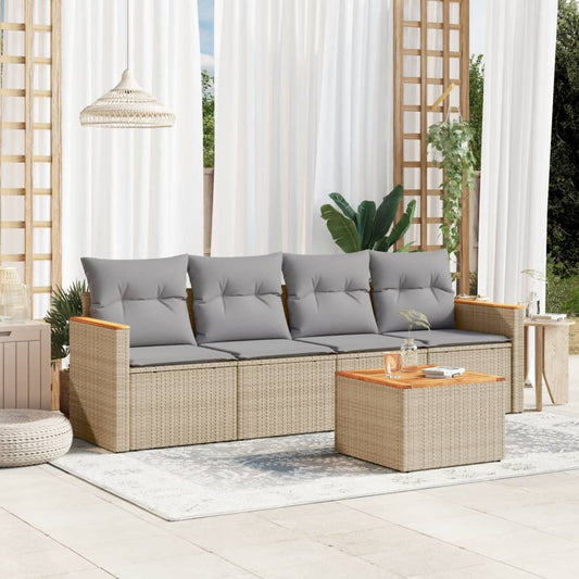 5-delige Loungeset met kussens poly rattan beige