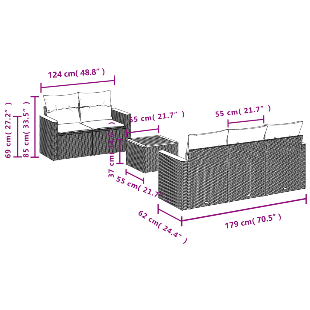 6-delige Loungeset met kussens poly rattan beige