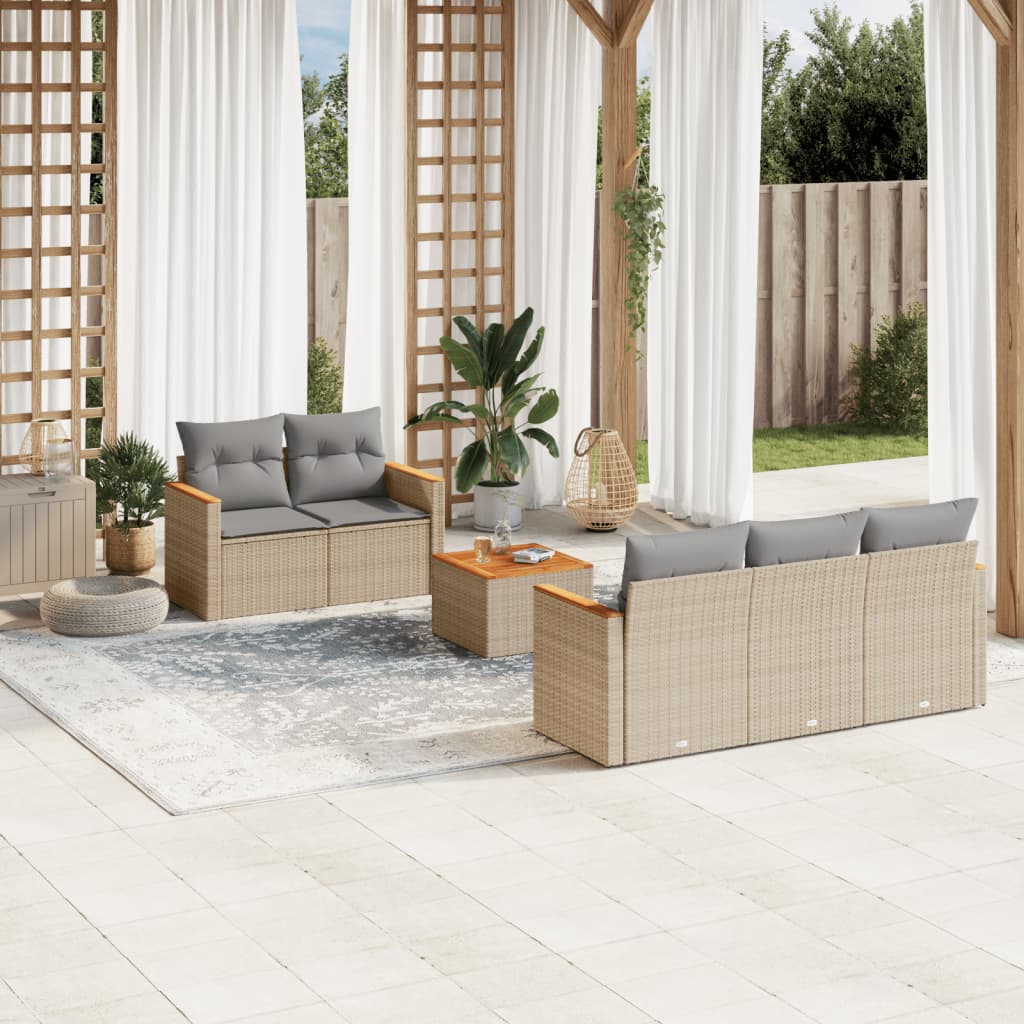 6-delige Loungeset met kussens poly rattan beige