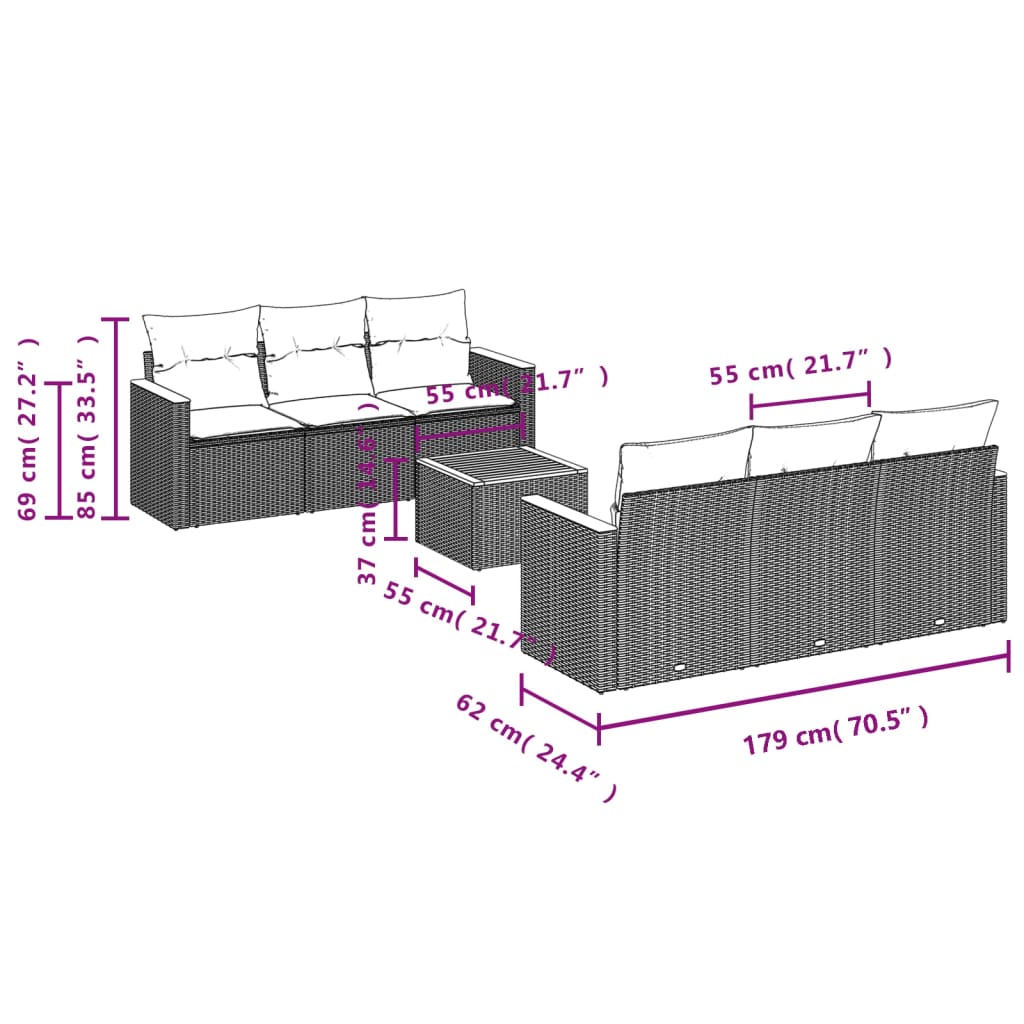 7-delige Loungeset met kussens poly rattan zwart