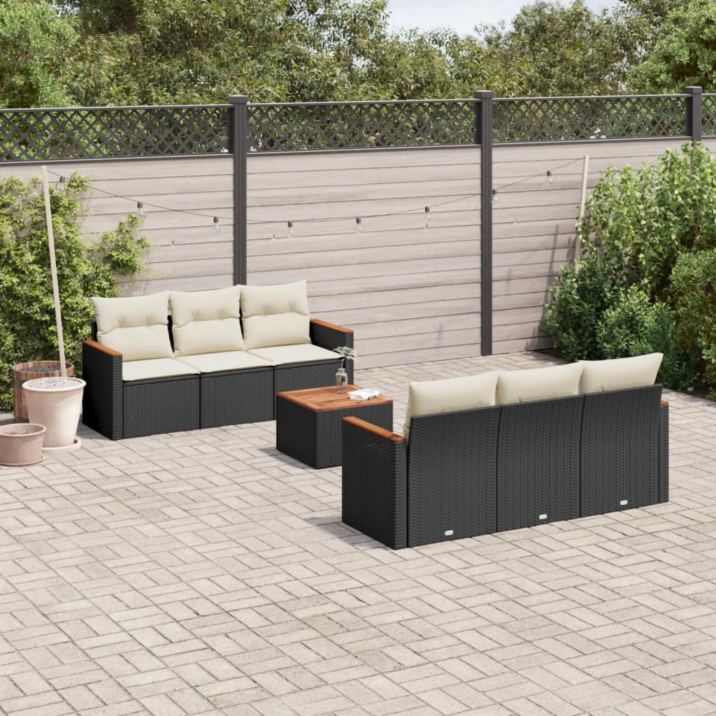 7-delige Loungeset met kussens poly rattan zwart