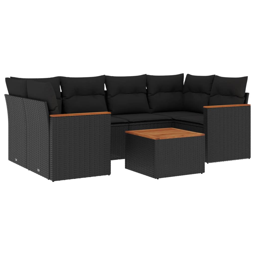 7-delige Loungeset met kussens poly rattan zwart