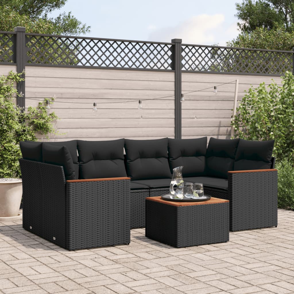 7-delige Loungeset met kussens poly rattan zwart