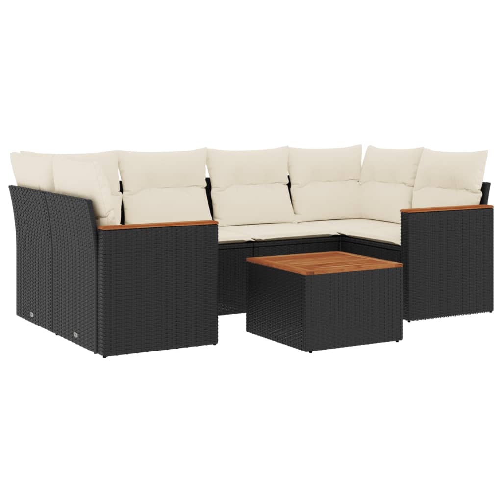 7-delige Loungeset met kussens poly rattan zwart