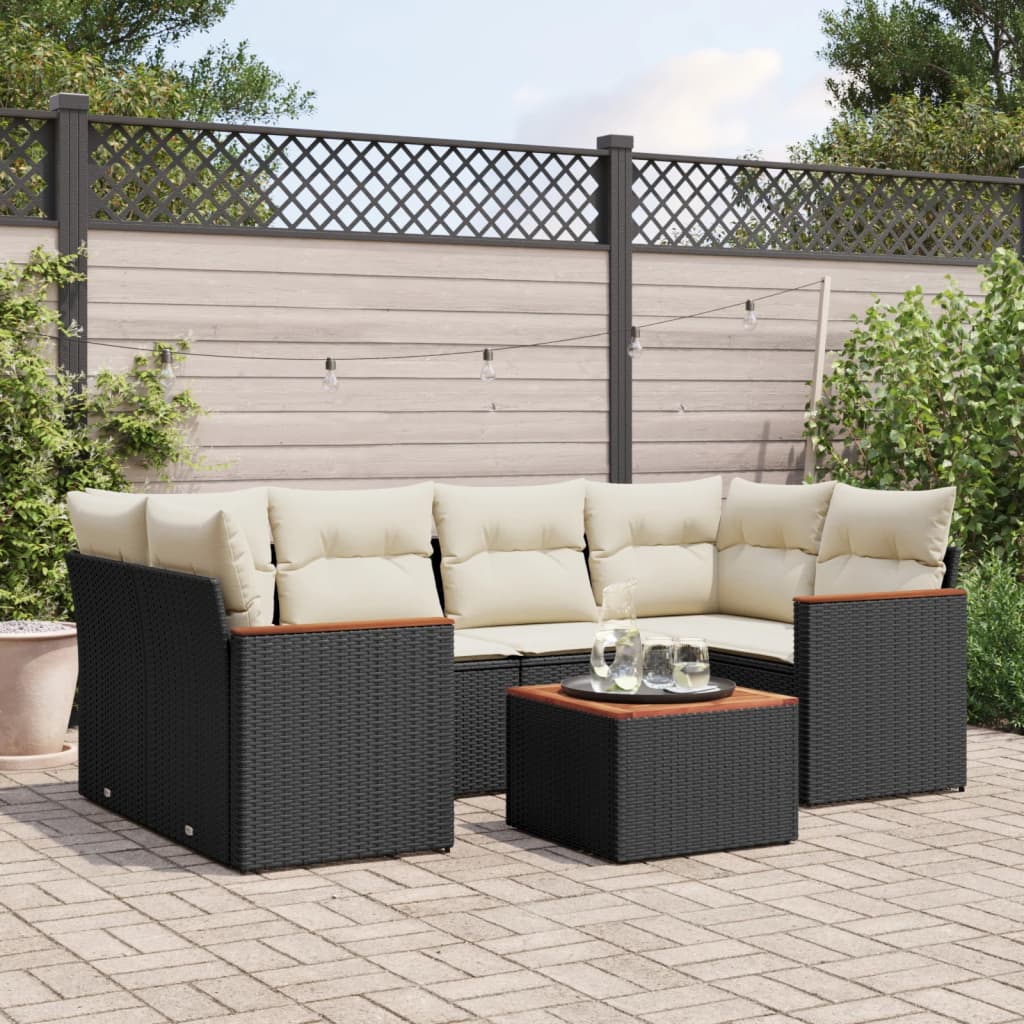 7-delige Loungeset met kussens poly rattan zwart