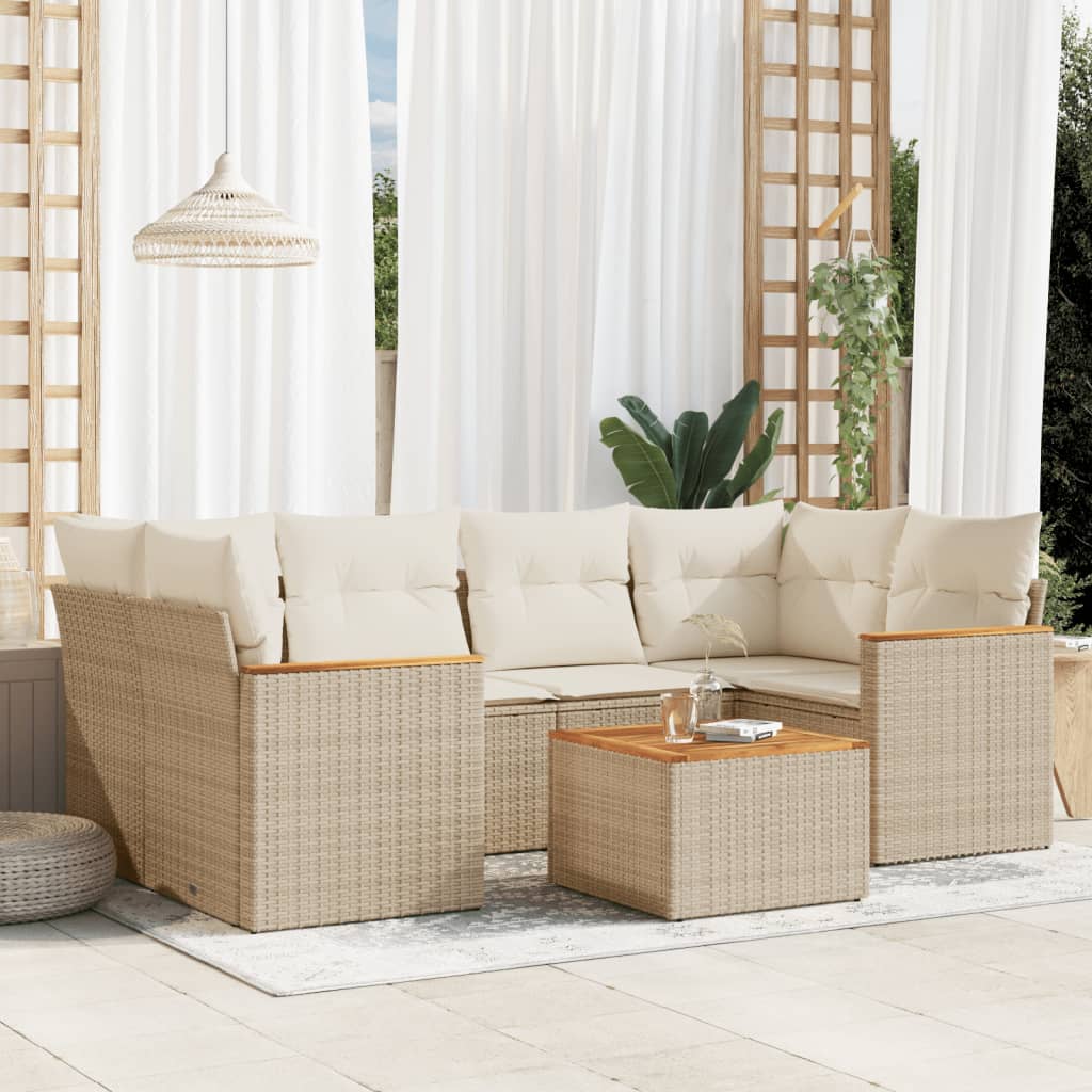 7-delige Loungeset met kussens poly rattan beige