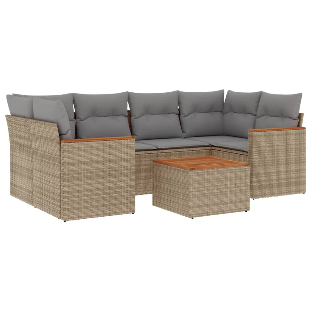 7-delige Loungeset met kussens poly rattan beige