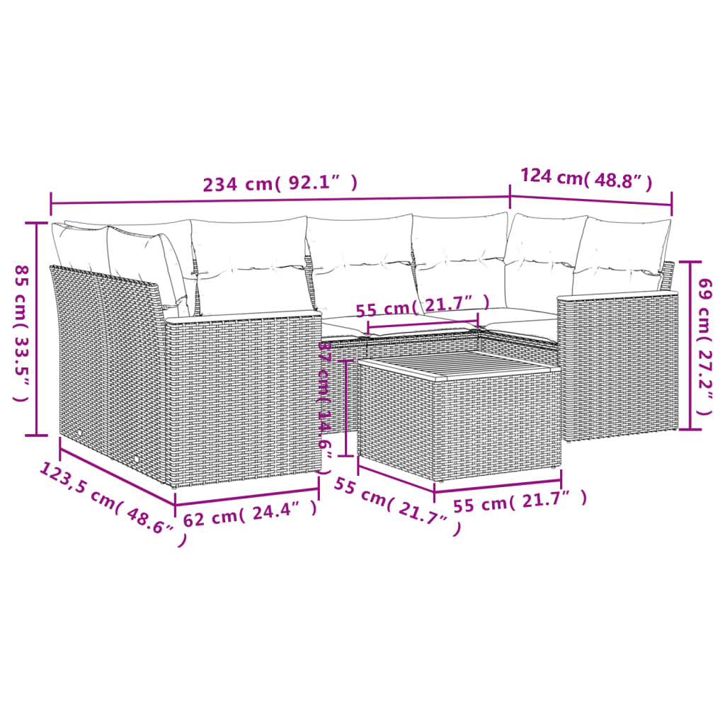 7-delige Loungeset met kussens poly rattan beige