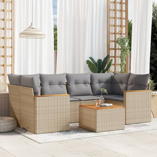 7-delige Loungeset met kussens poly rattan beige