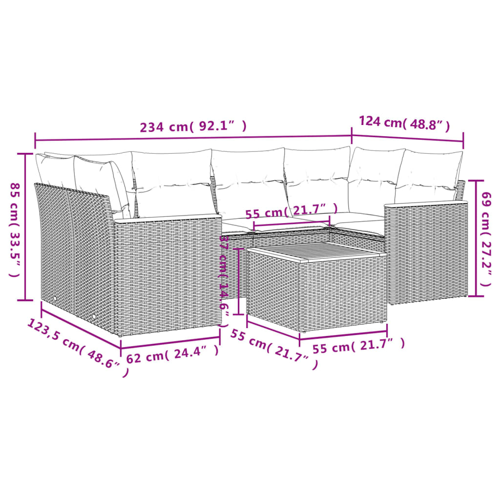 7-delige Loungeset met kussens poly rattan grijs