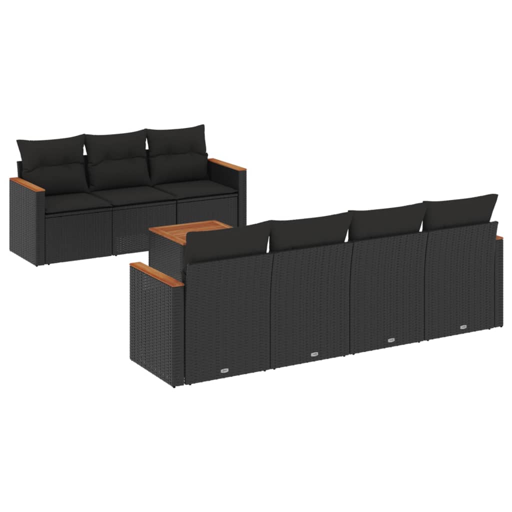 8-delige Loungeset met kussens poly rattan zwart