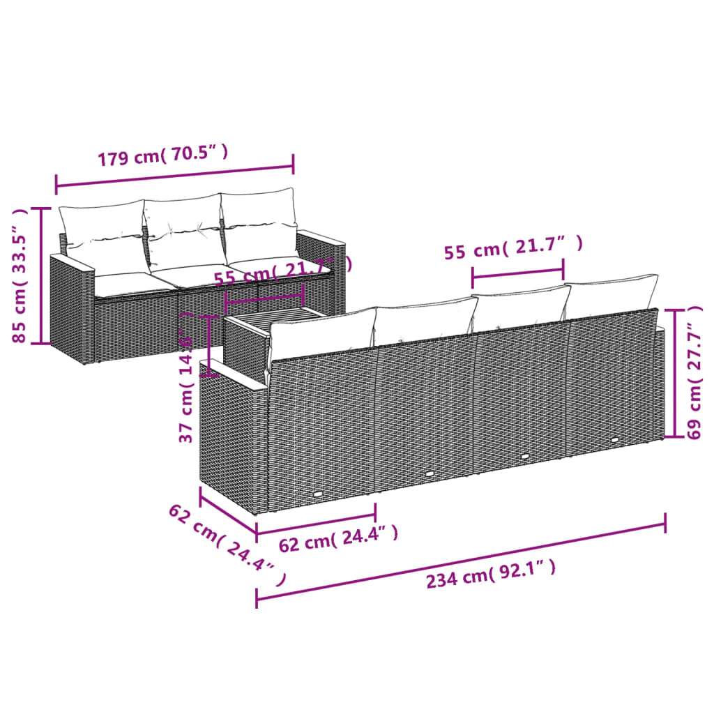 8-delige Loungeset met kussens poly rattan zwart