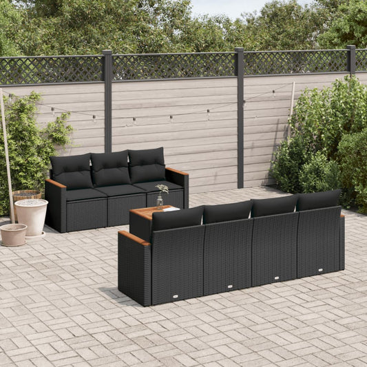 8-delige Loungeset met kussens poly rattan zwart