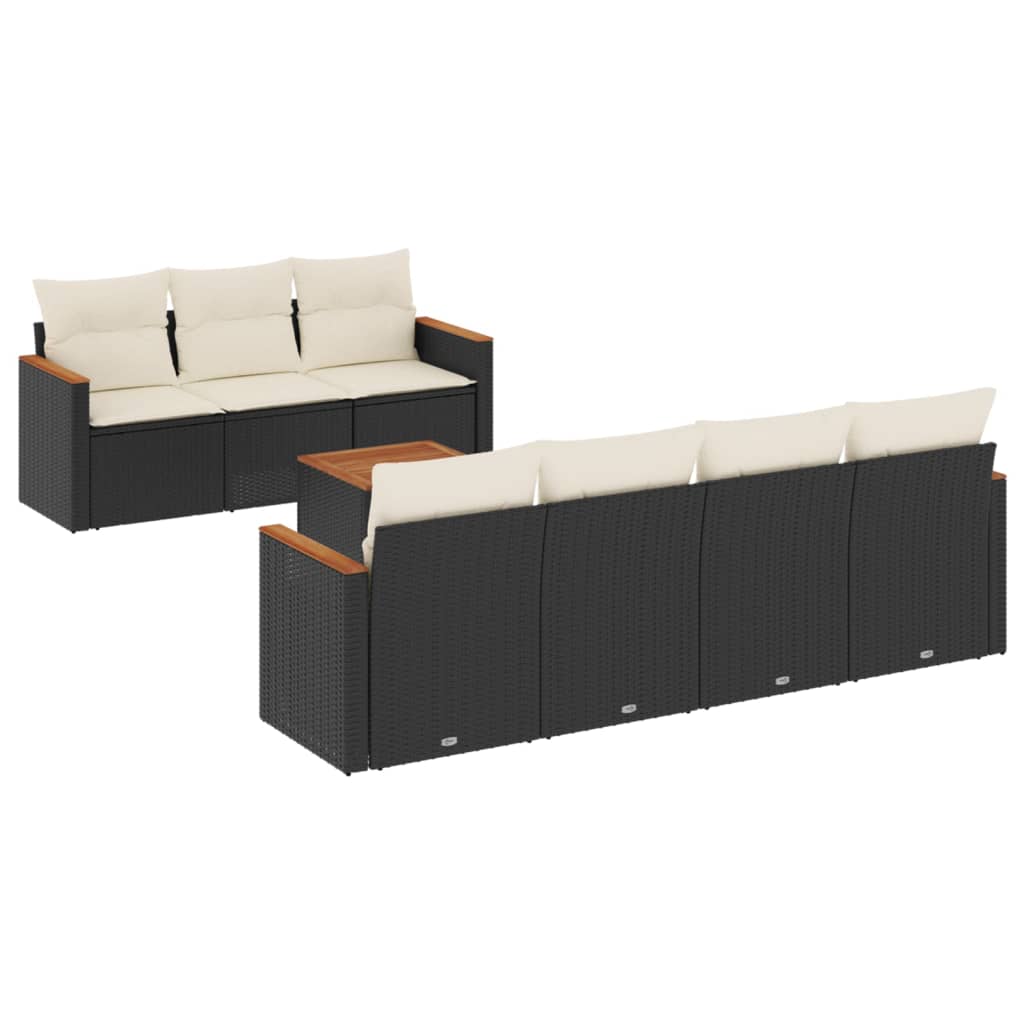 8-delige Loungeset met kussens poly rattan zwart