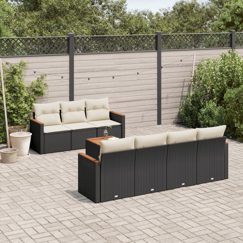 8-delige Loungeset met kussens poly rattan zwart