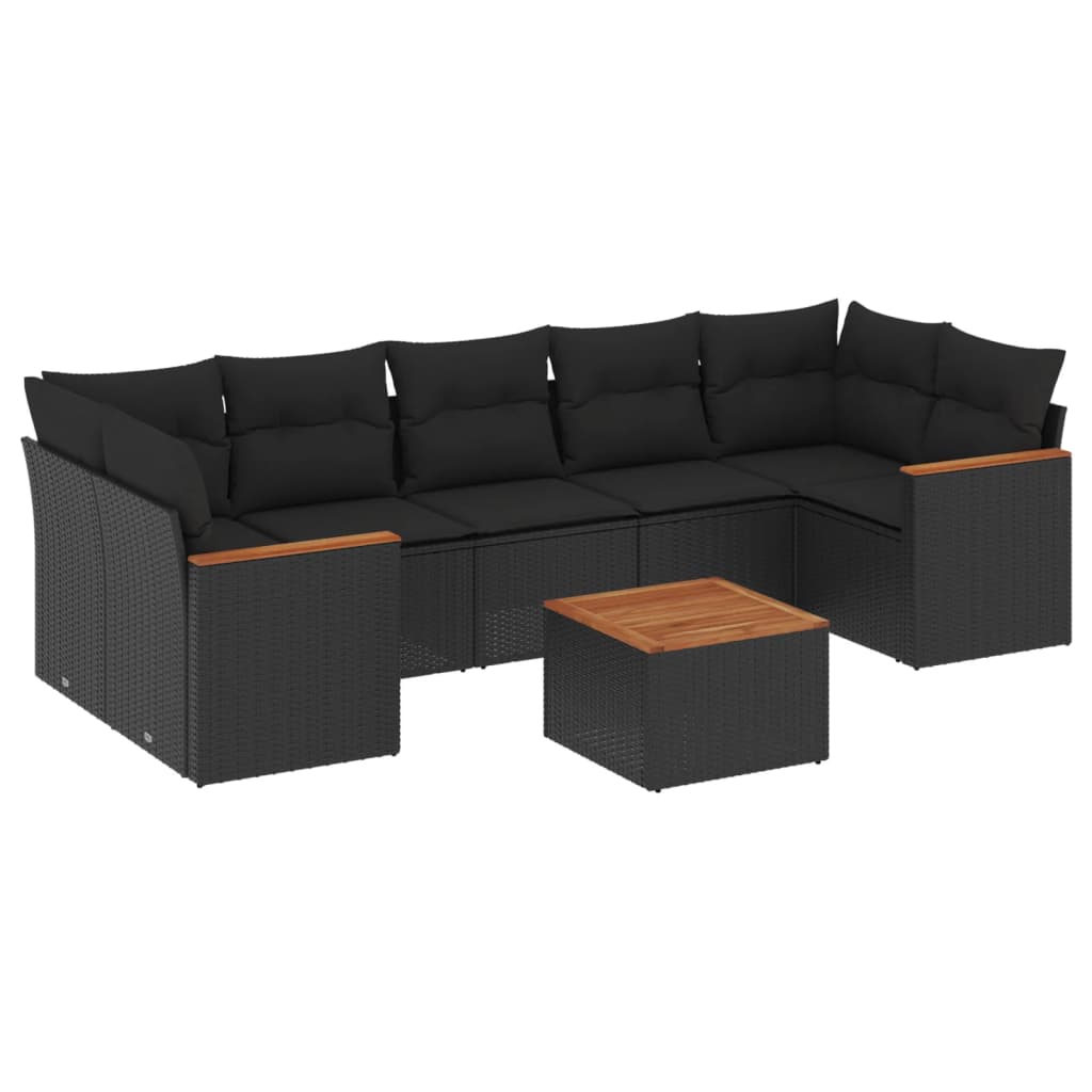 8-delige Loungeset met kussens poly rattan zwart