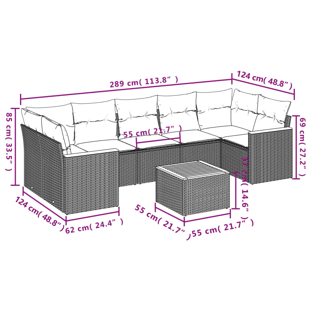 8-delige Loungeset met kussens poly rattan zwart