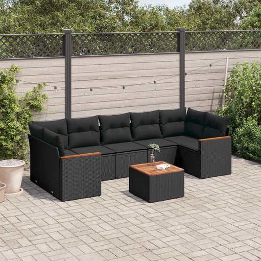 8-delige Loungeset met kussens poly rattan zwart