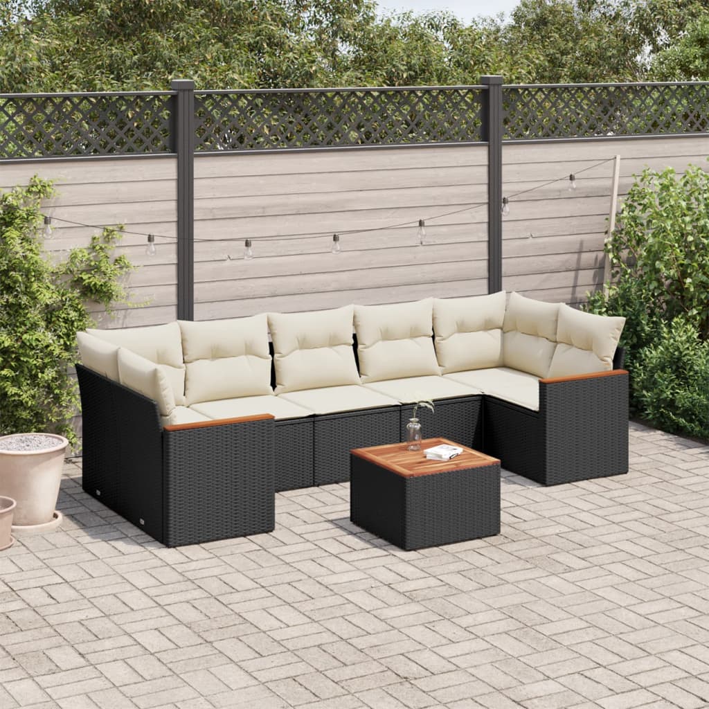 8-delige Loungeset met kussens poly rattan zwart