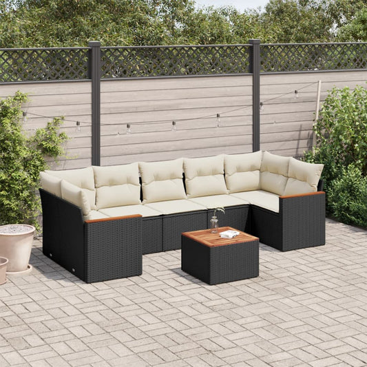 8-delige Loungeset met kussens poly rattan zwart