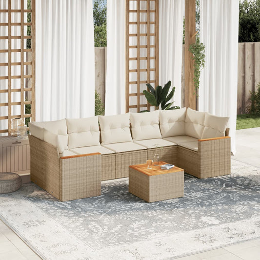 8-delige Loungeset met kussens poly rattan beige