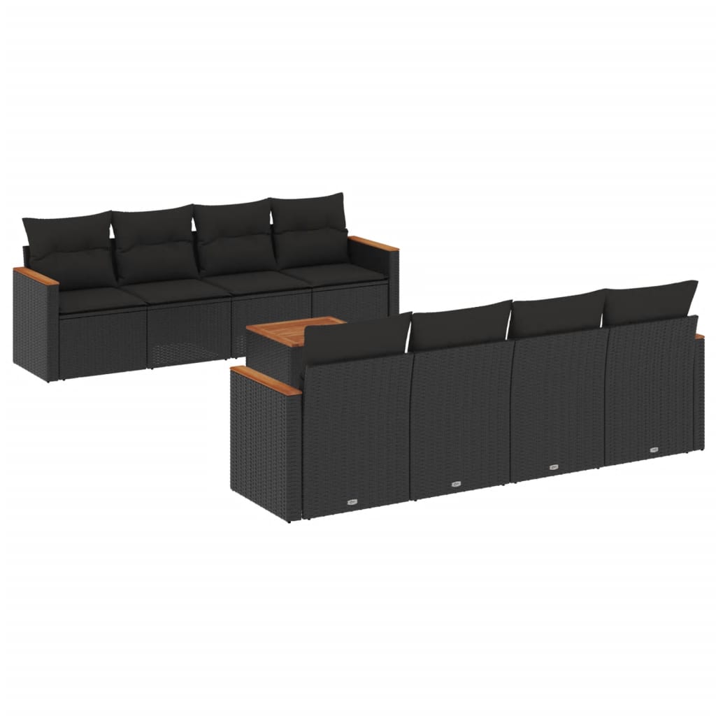 9-delige Loungeset met kussens poly rattan zwart