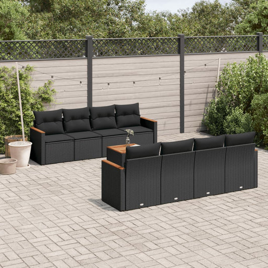 9-delige Loungeset met kussens poly rattan zwart