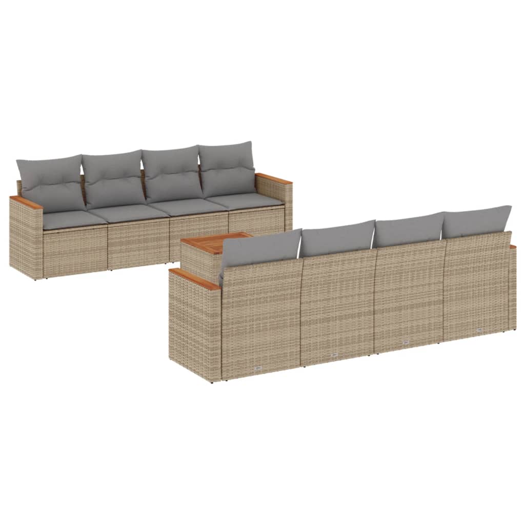 9-delige Loungeset met kussens poly rattan beige