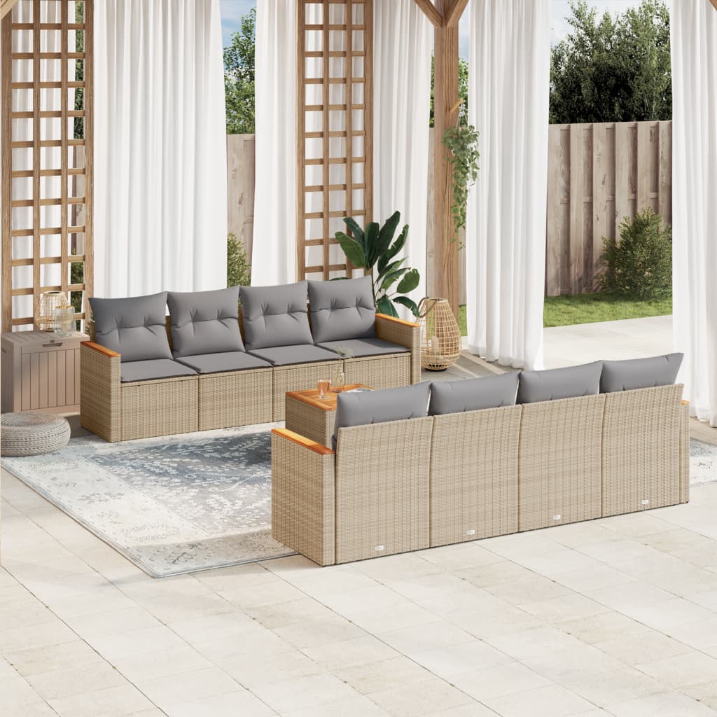 9-delige Loungeset met kussens poly rattan beige