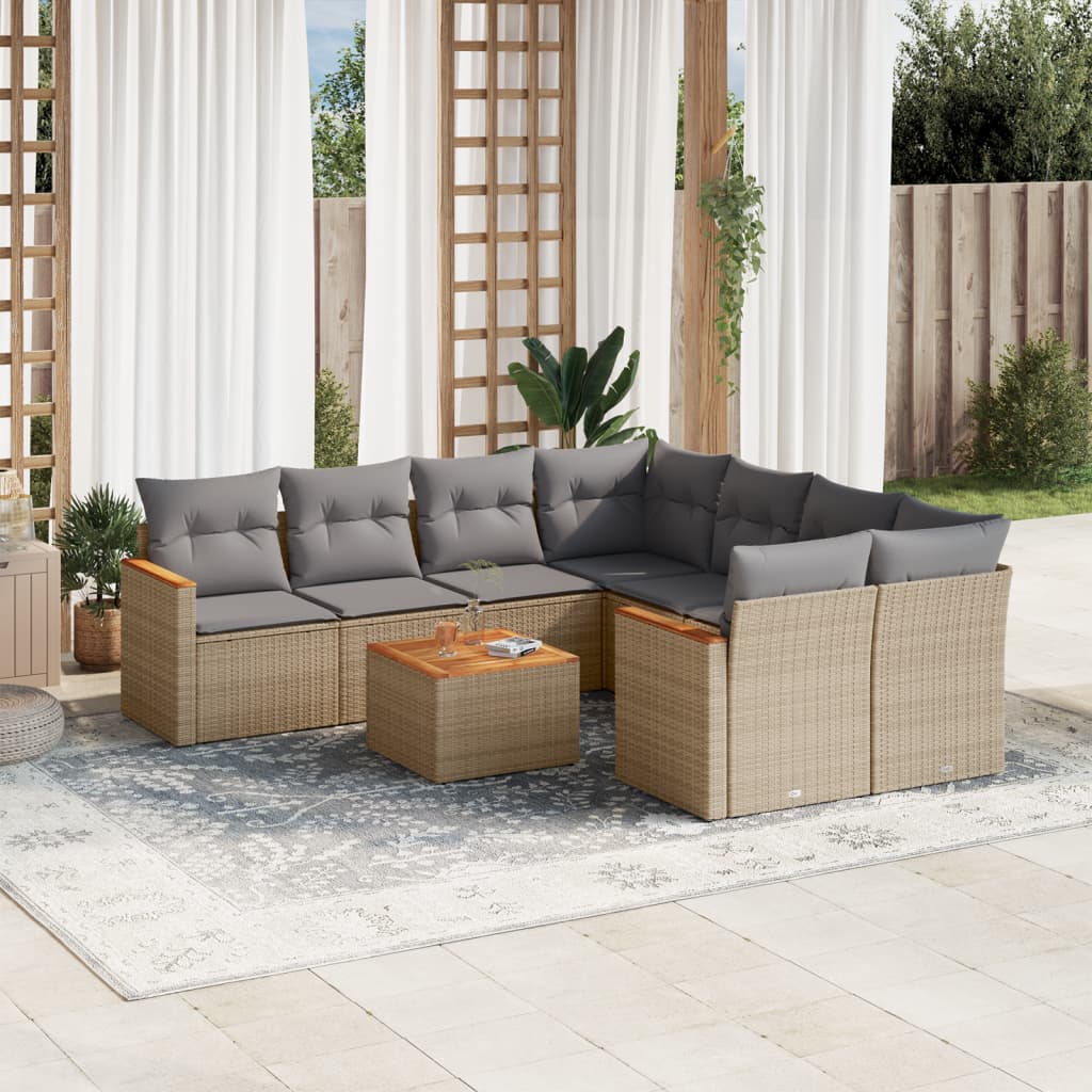 9-delige Loungeset met kussens poly rattan beige