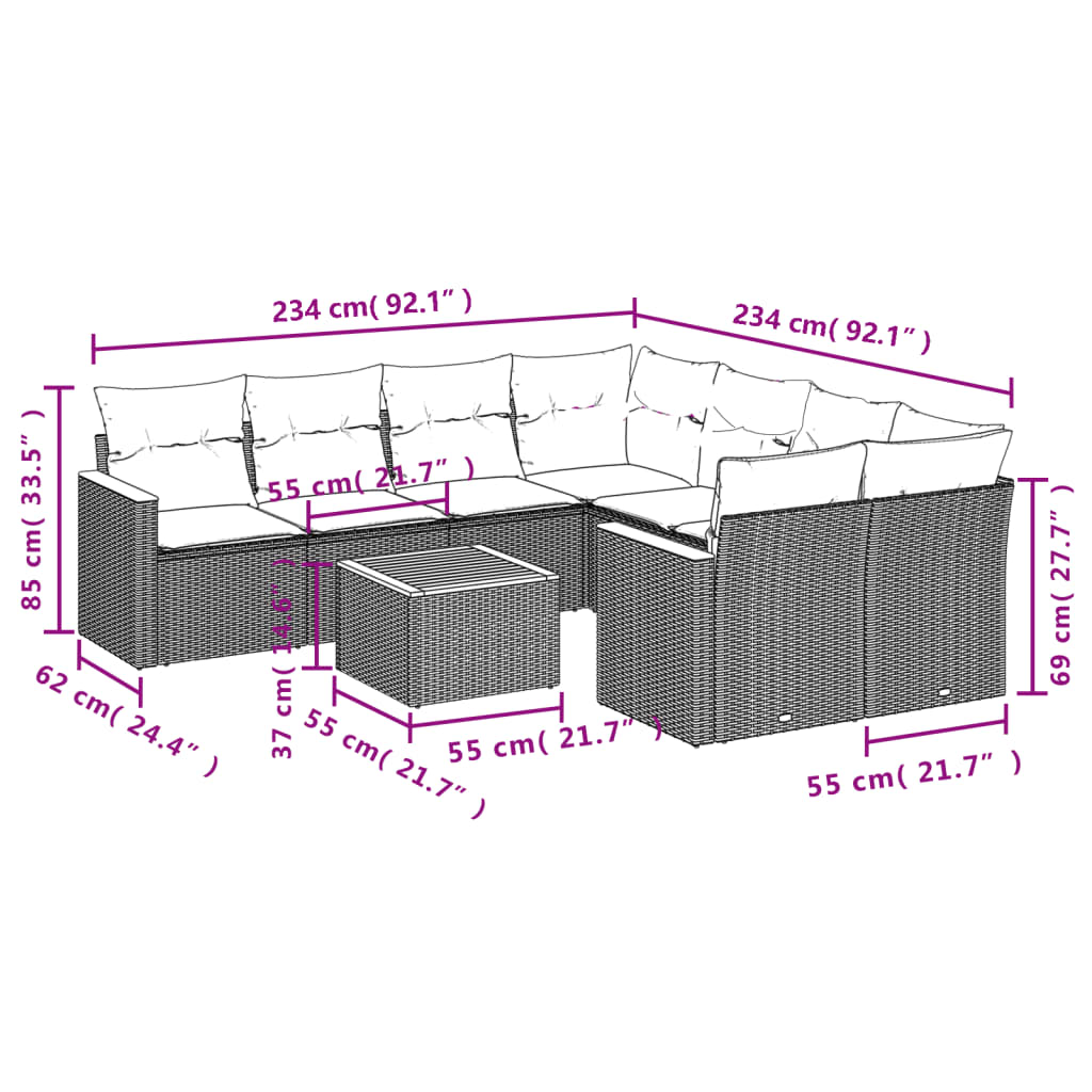 9-delige Loungeset met kussens poly rattan grijs Tuinsets | Creëer jouw Trendy Thuis | Gratis bezorgd & Retour | Trendy.nl