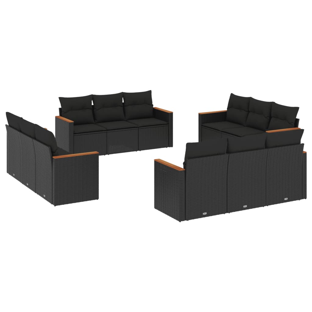 12-delige Loungeset met kussens poly rattan zwart