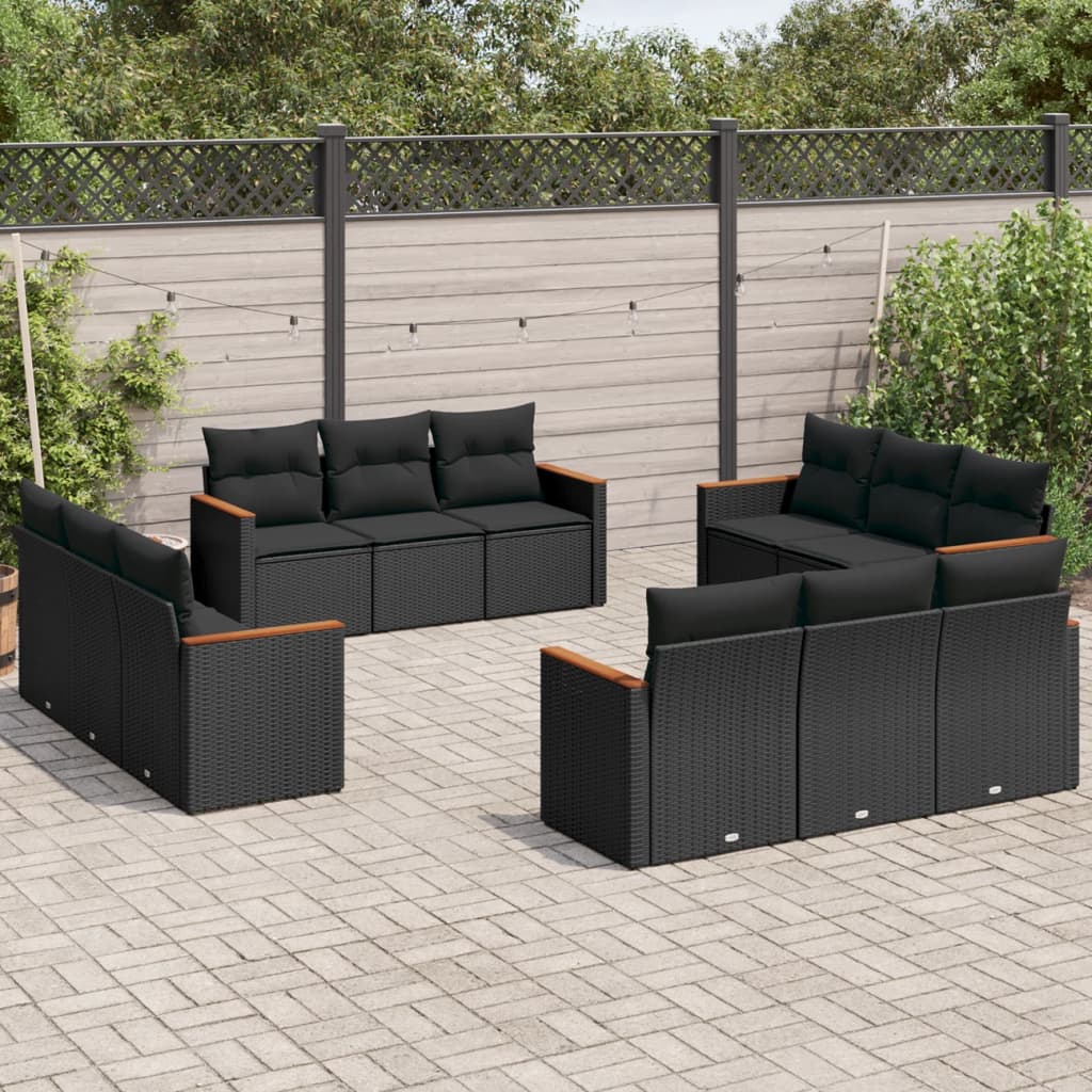 12-delige Loungeset met kussens poly rattan zwart