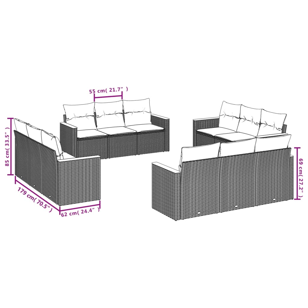 12-delige Loungeset met kussens poly rattan zwart