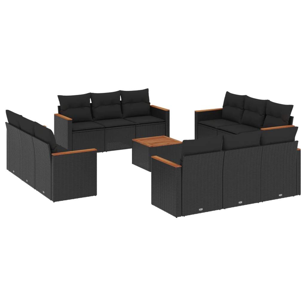 13-delige Loungeset met kussens poly rattan zwart