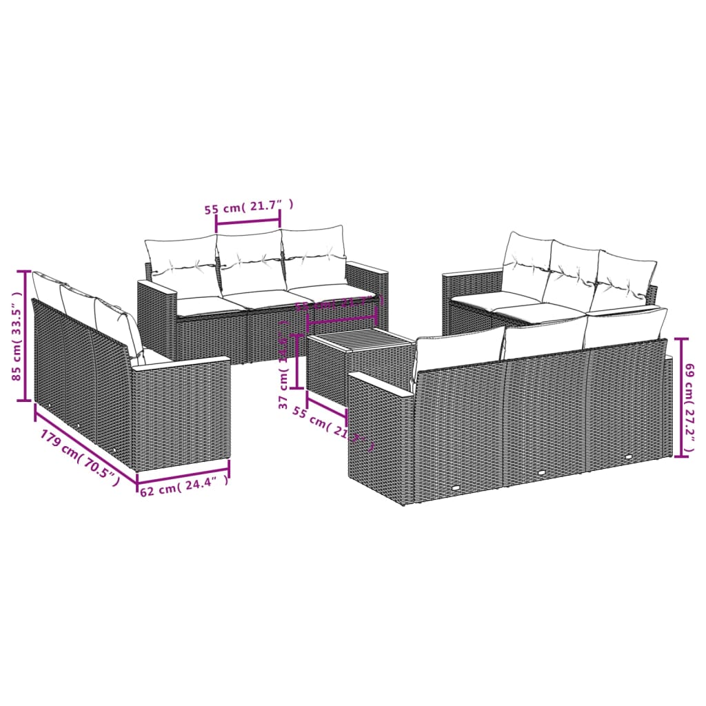 13-delige Loungeset met kussens poly rattan zwart