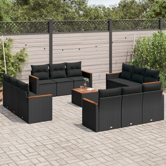 13-delige Loungeset met kussens poly rattan zwart