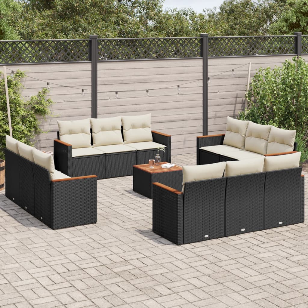 13-delige Loungeset met kussens poly rattan zwart